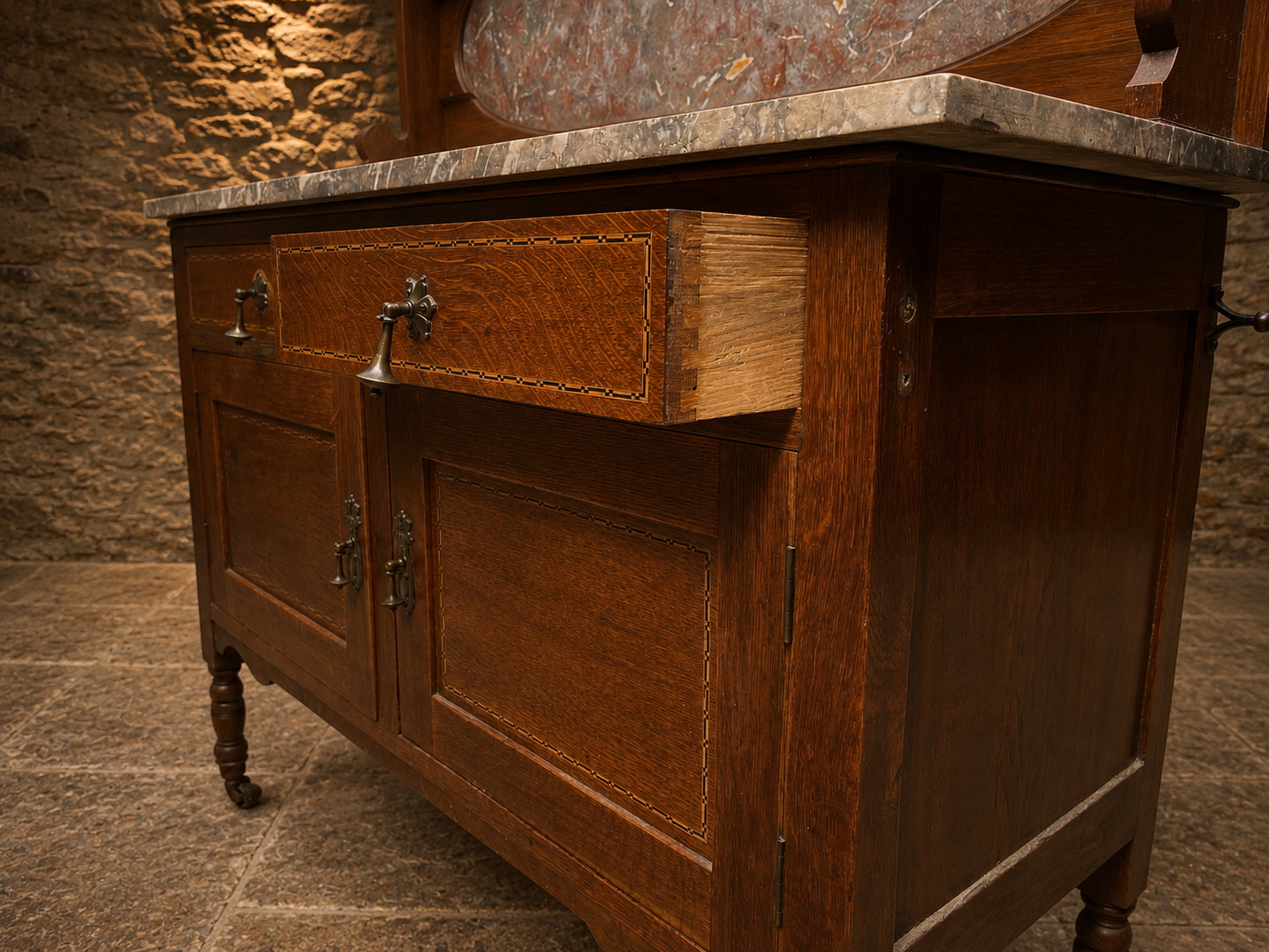 Antique Edwardian Marble Top Washstand with Oval Marble Splashback – c.1890–1910