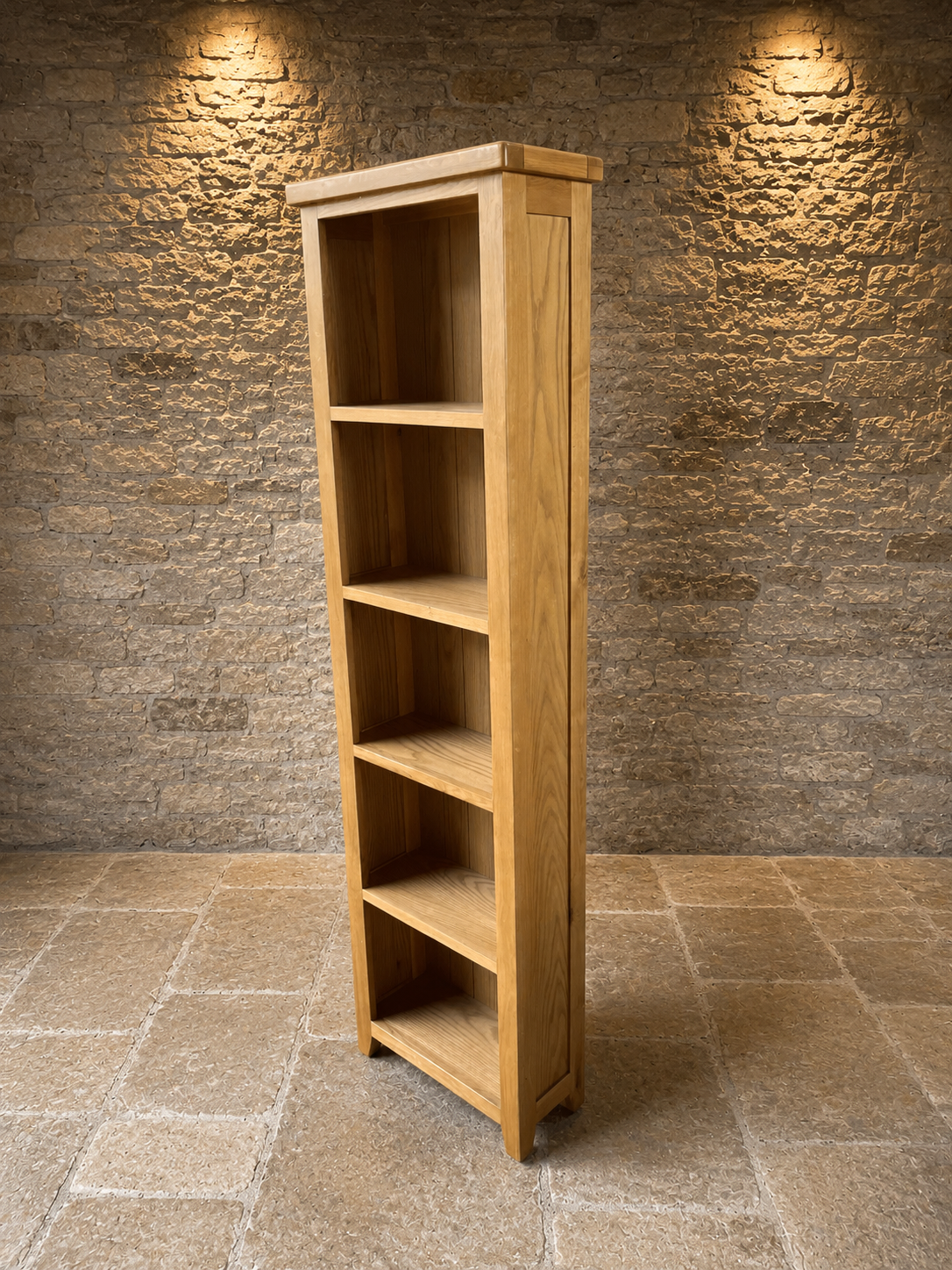 Solid Oak Tall Narrow Bookcase – Rustic Slimline Five-Tier Shelving Unit