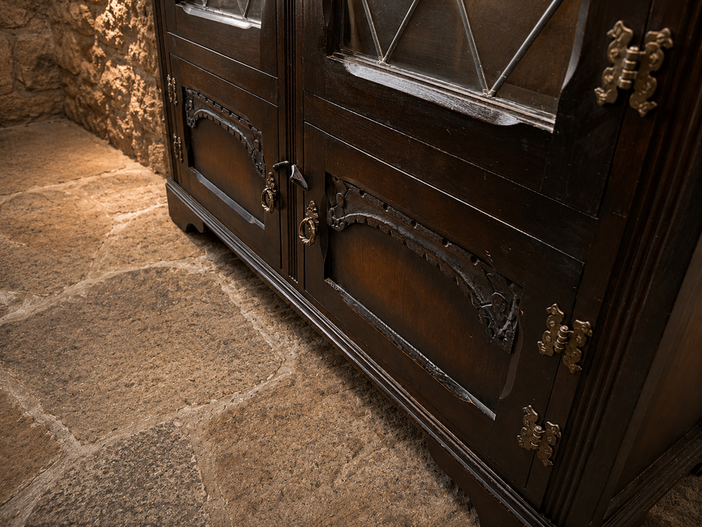 Vintage Jacobean Revival Oak Leaded Glass Sideboard | English Court Cupboard | Antique Display Cabinet | Drinks Cabinet