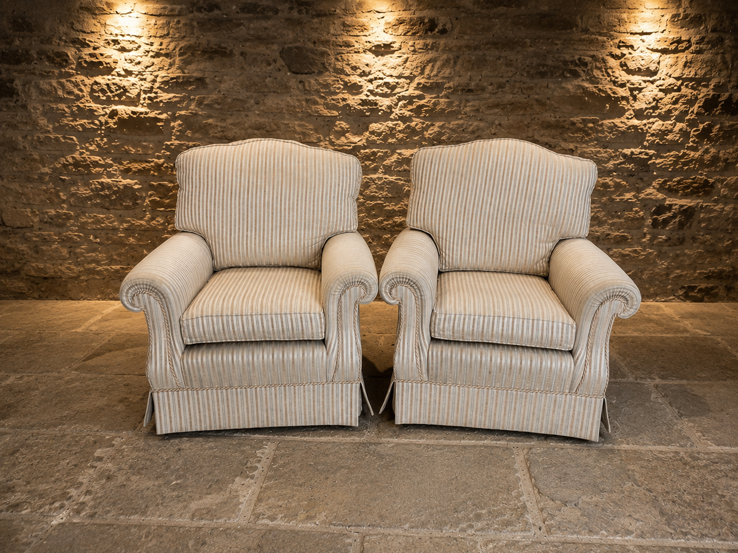 Pair of Traditional English Upholstered Club Armchairs in Neutral Striped Fabric