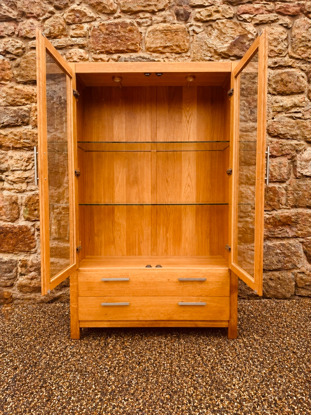 Modern Solid Oak Display Cabinet with Glass Doors & Drawers