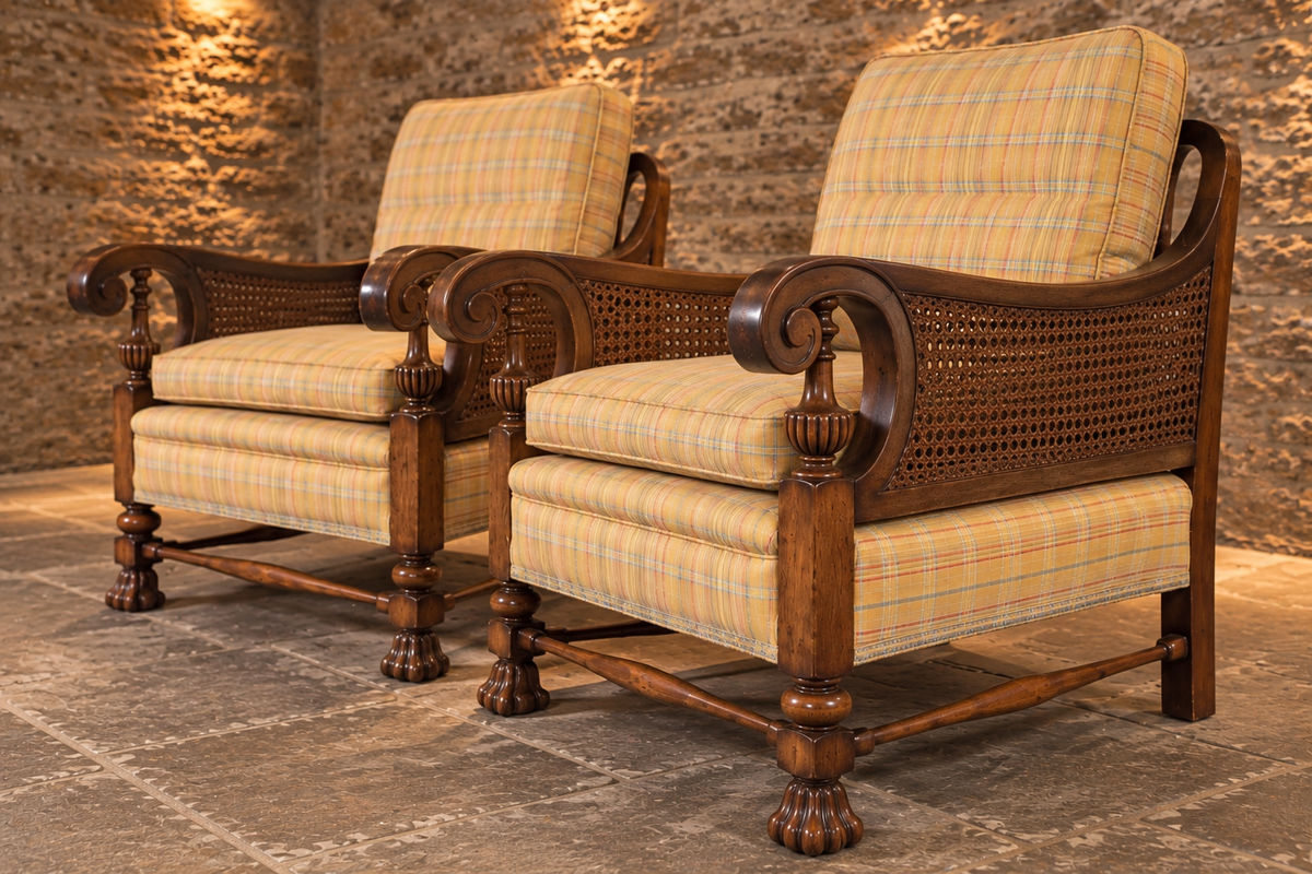 Pair of Antique 1930s Regency Revival Bergère Cane Armchairs