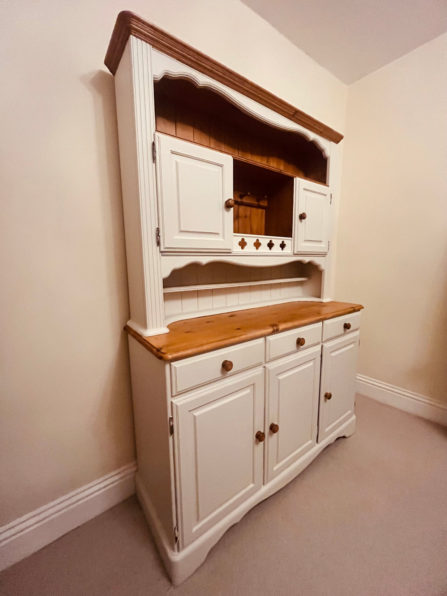 Hand-Painted Solid Pine Welsh Dresser – Cream Base with Waxed Pine Top | Farmhouse Kitchen Hutch by The Proudlove Studio
