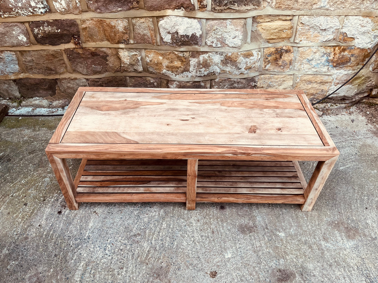 Large Solid Hardwood Coffee Table | Rustic Modern Acacia Table | Wooden Coffee Table with Slatted Shelf