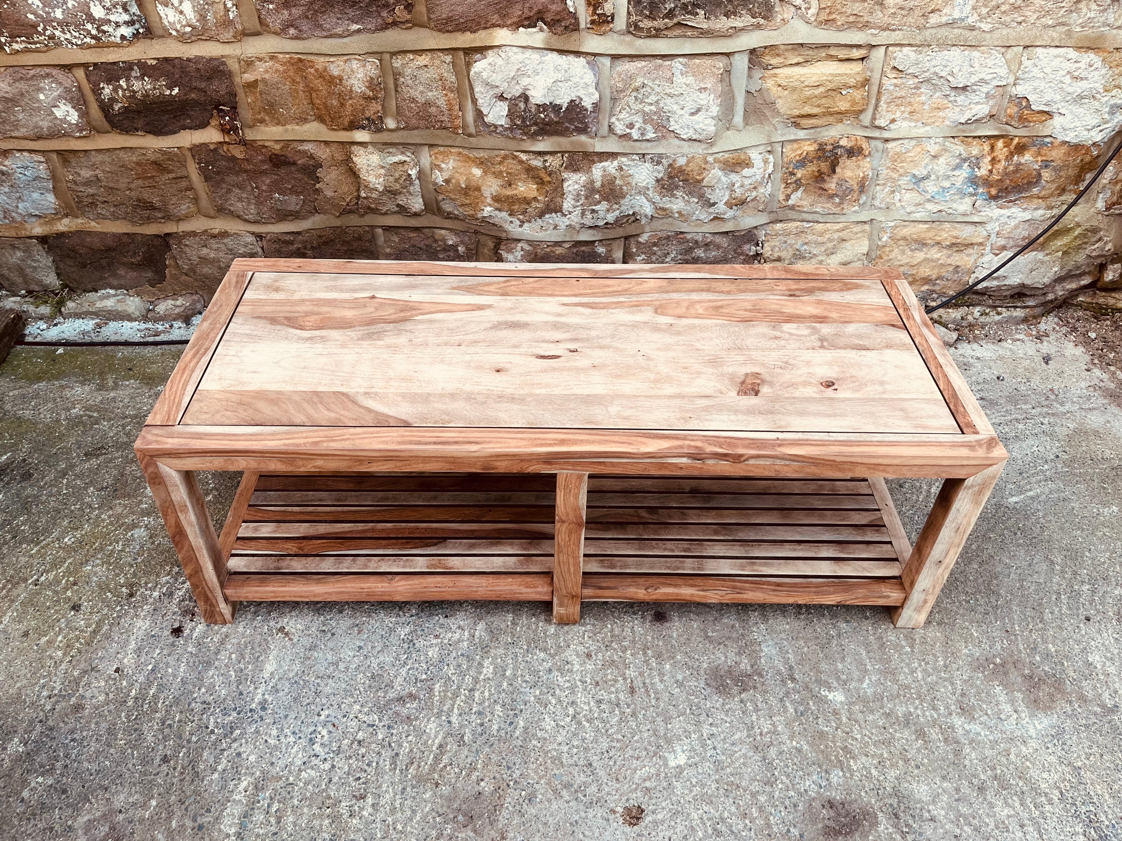 Large Solid Hardwood Coffee Table | Rustic Modern Acacia Table | Wooden Coffee Table with Slatted Shelf