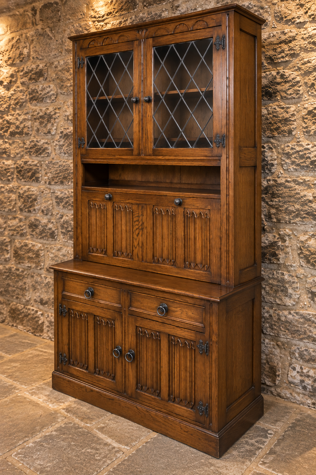 Vintage Carved Oak Tudor Revival Dresser & Leaded Glass Cabinet