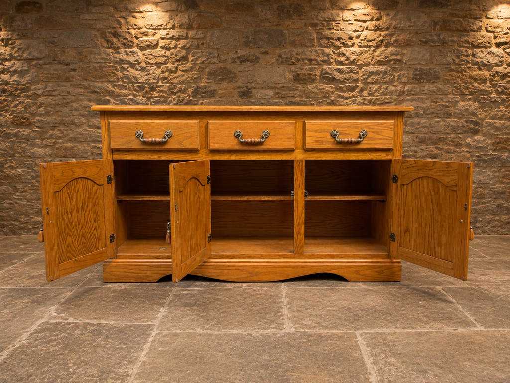 Vintage Solid Oak Country Sideboard – Large Three Drawer Farmhouse Storage Cabinet