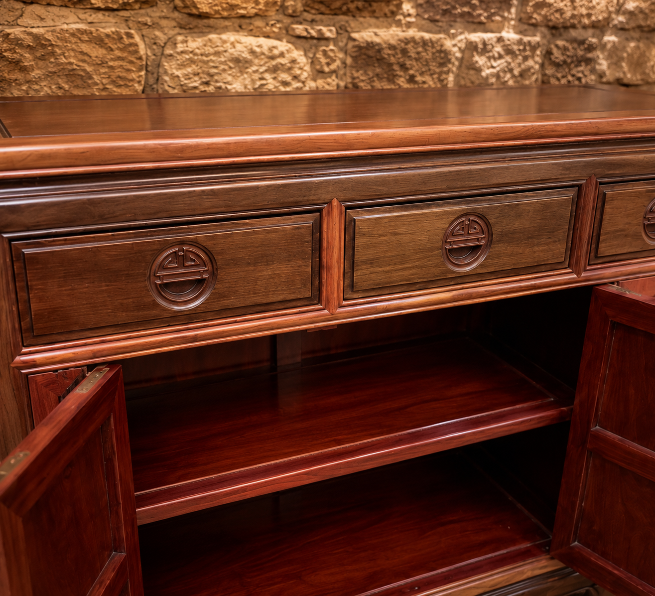 Large Chinese Style Hardwood Sideboard with Carved Oriental Detail
