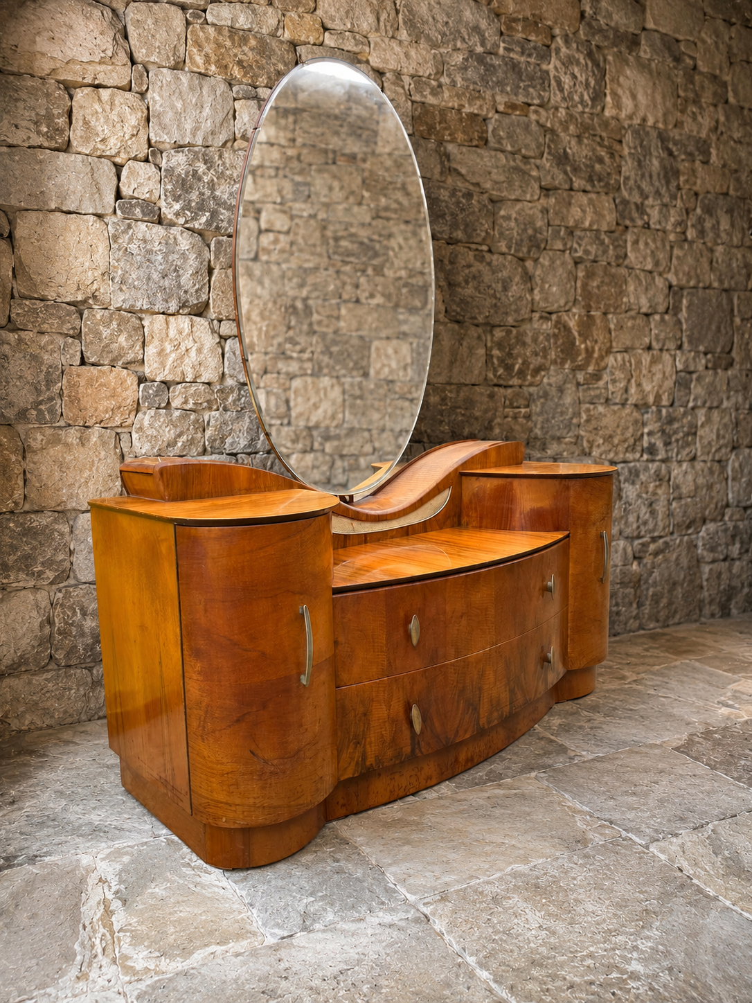 Art Deco Walnut Dressing Table | Vintage Burr Walnut Vanity Unit | 1930s Waterfall Vanity Table | Oval Mirror Dressing Table