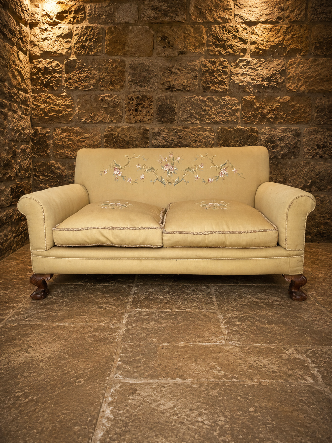 Vintage English Country House Two Seater Sofa | Hand Embroidered Sofa | Traditional Rolled Arm Country Furniture