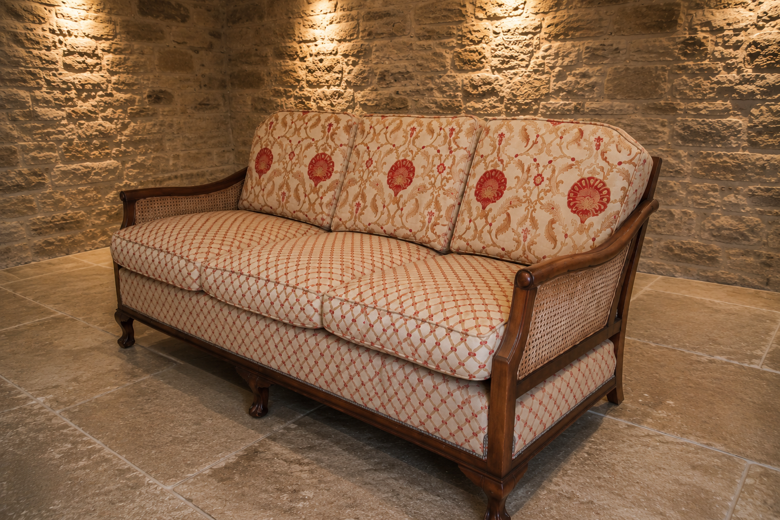 Edwardian Mahogany Bergère Three Seat Sofa | Antique Cane Back Upholstered Settee | English c.1905–1915