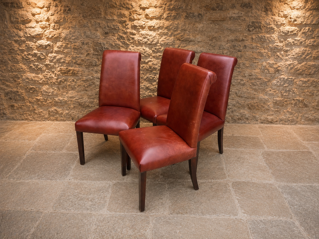 Set of 4 Vintage Oxblood Leather Dining Chairs – High Back Country House Chairs