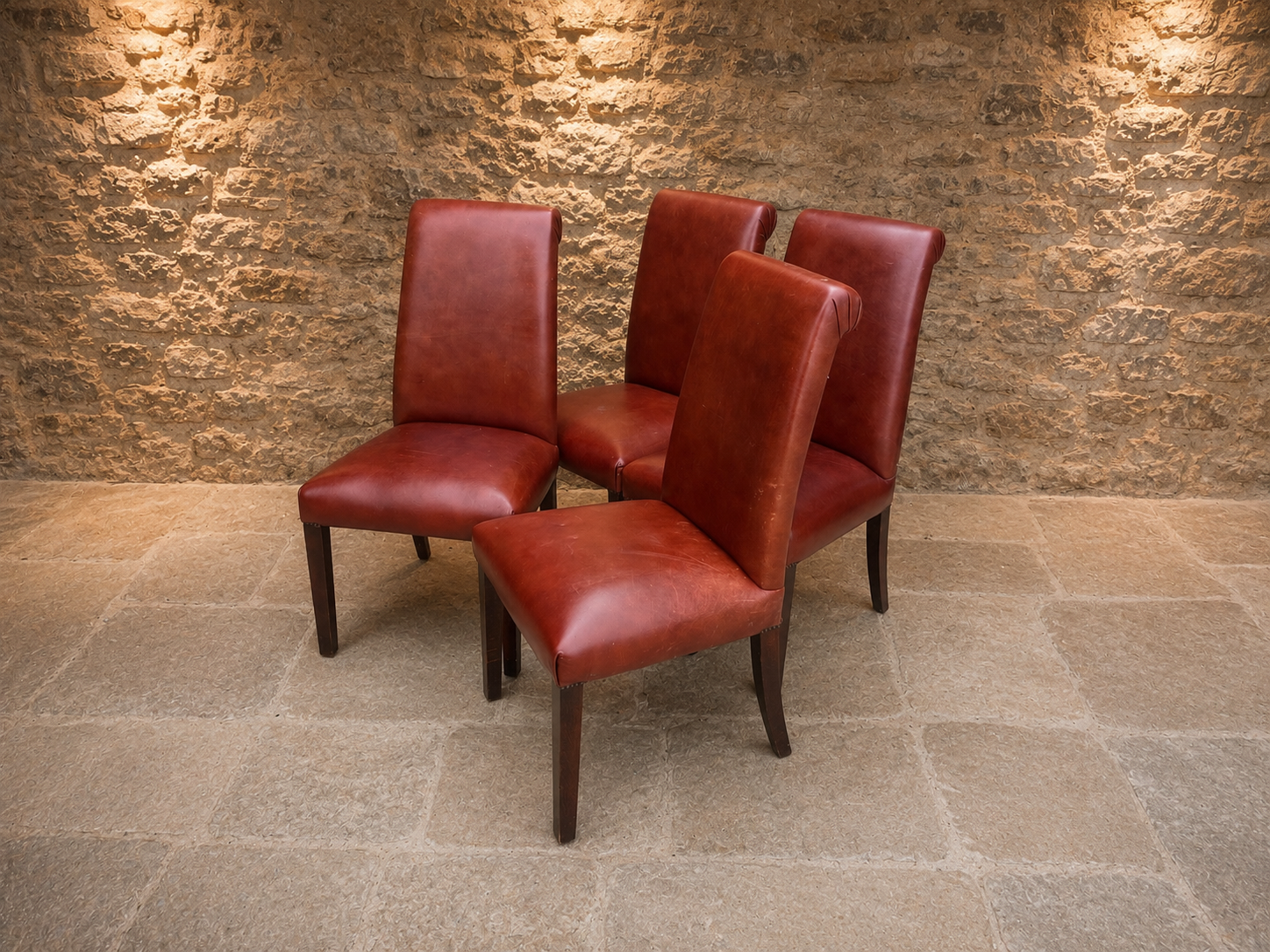 Set of 4 Vintage Oxblood Leather Dining Chairs – High Back Country House Chairs
