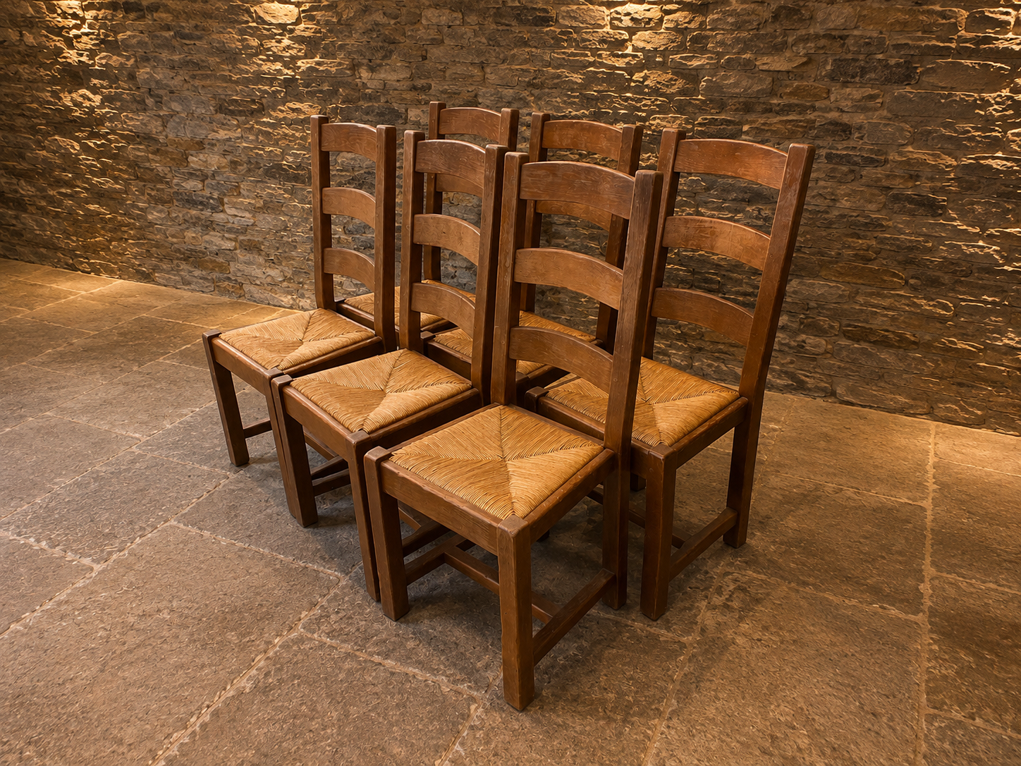 Set of 6 Vintage Rustic Ladder Back Dining Chairs with Woven Rush Seats