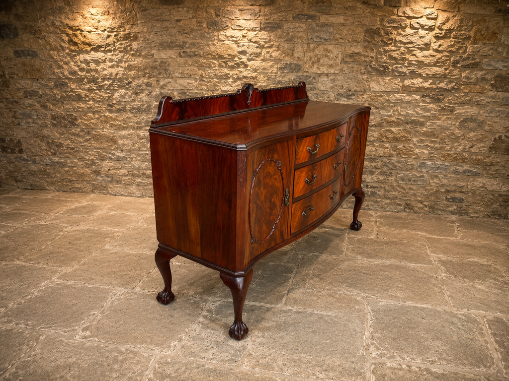 Antique Mahogany Serpentine Sideboard with Figured Veneers – Early 20th Century