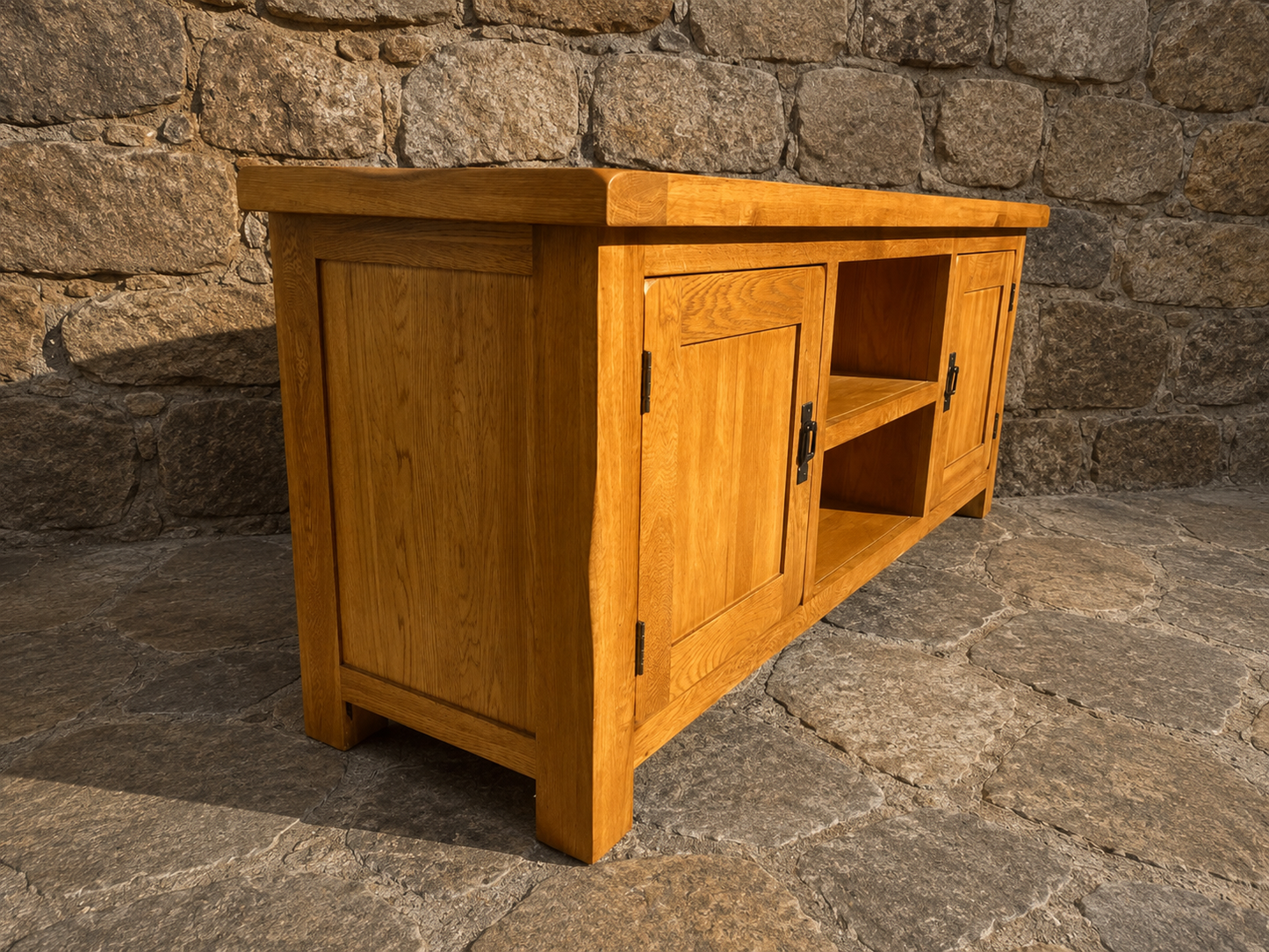 Solid Oak Farmhouse TV Unit with Storage | Rustic Oak Media Cabinet