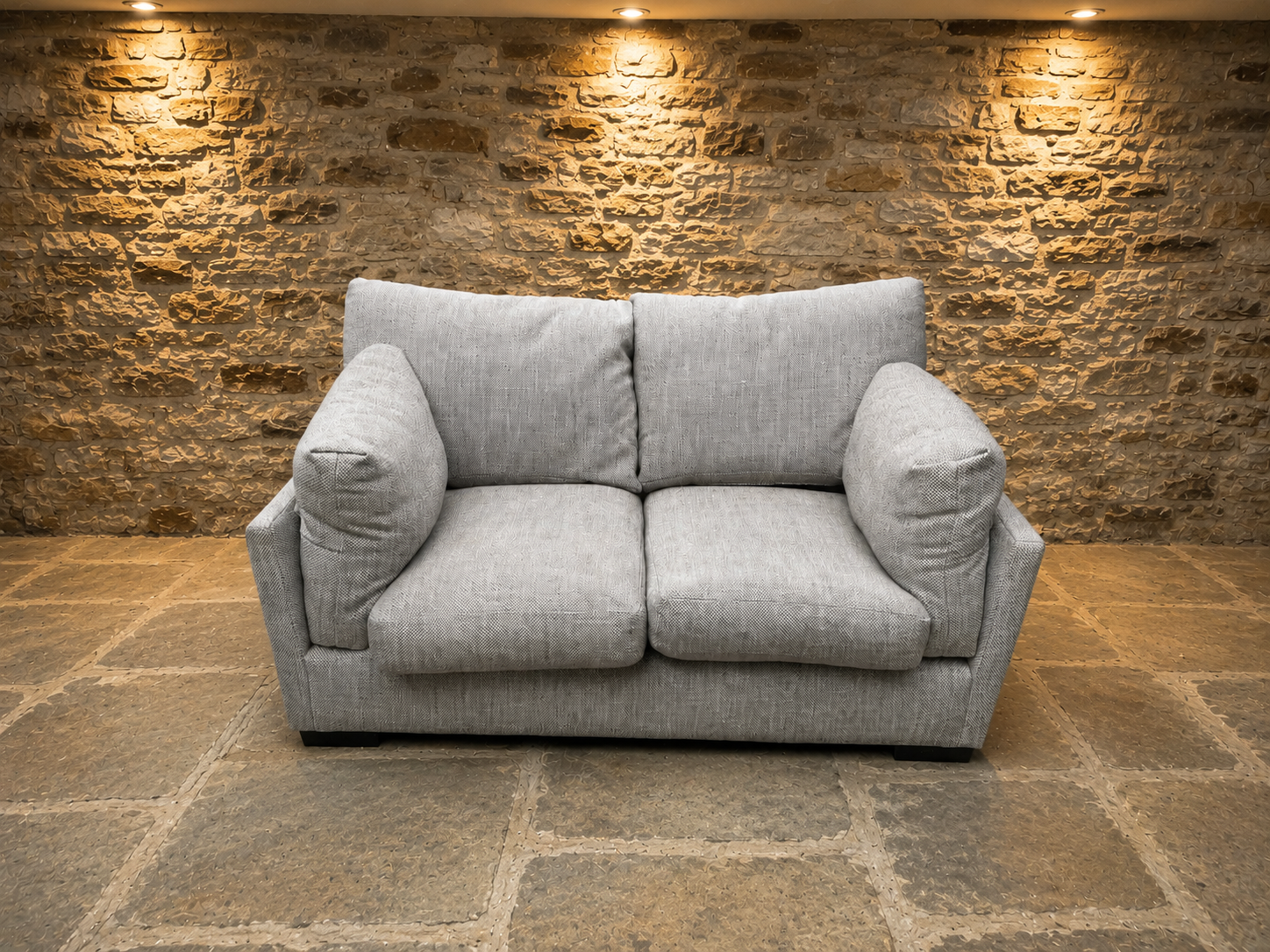 Contemporary Grey Two Seater Snuggler Sofa – Deep Cushioned Textured Fabric Loveseat