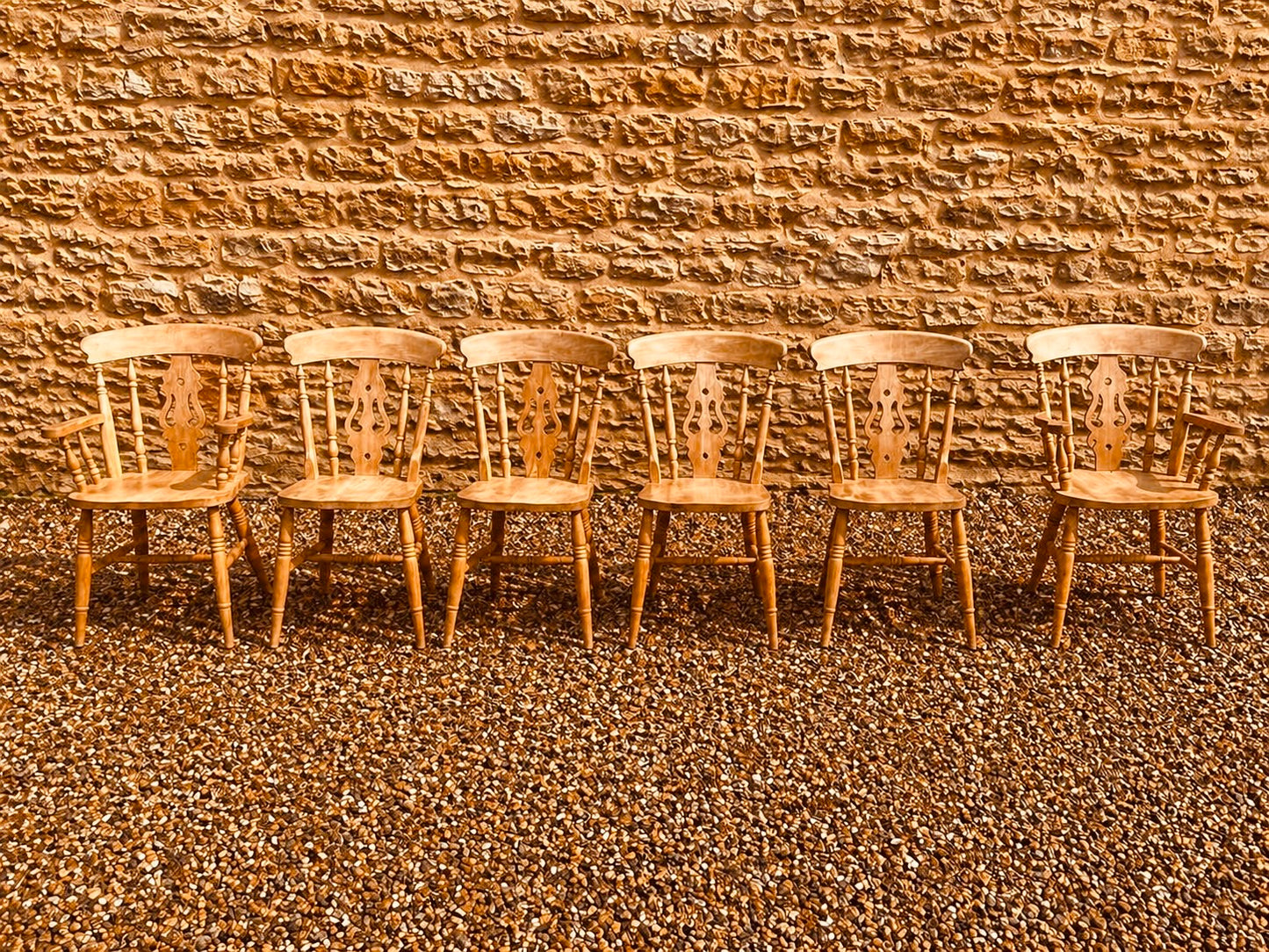 Set of 6 Vintage Farmhouse Dining Chairs with Carvers – Spindle Back English Country Chairs