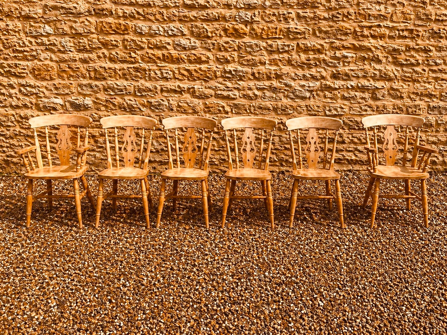 Set of 6 Vintage Farmhouse Dining Chairs with Carvers – Spindle Back English Country Chairs