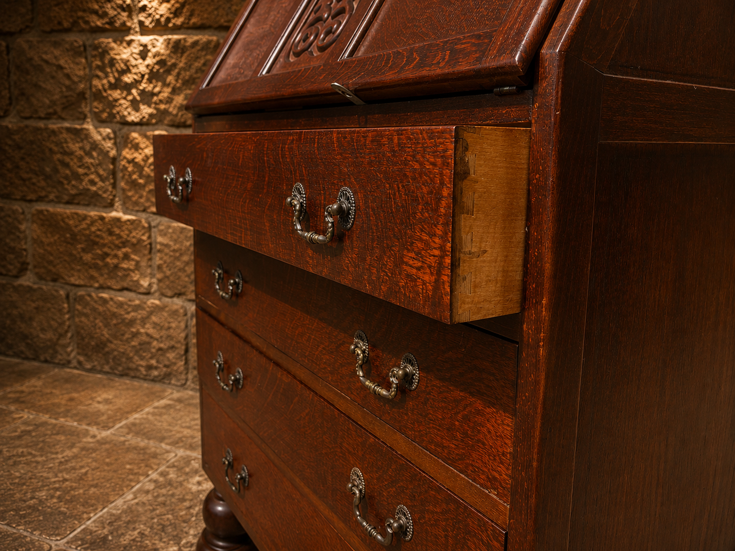 Antique Oak Bureau | Arts & Crafts Writing Desk | Jacobean Revival Fall Front Bureau | Vintage Secretary Desk