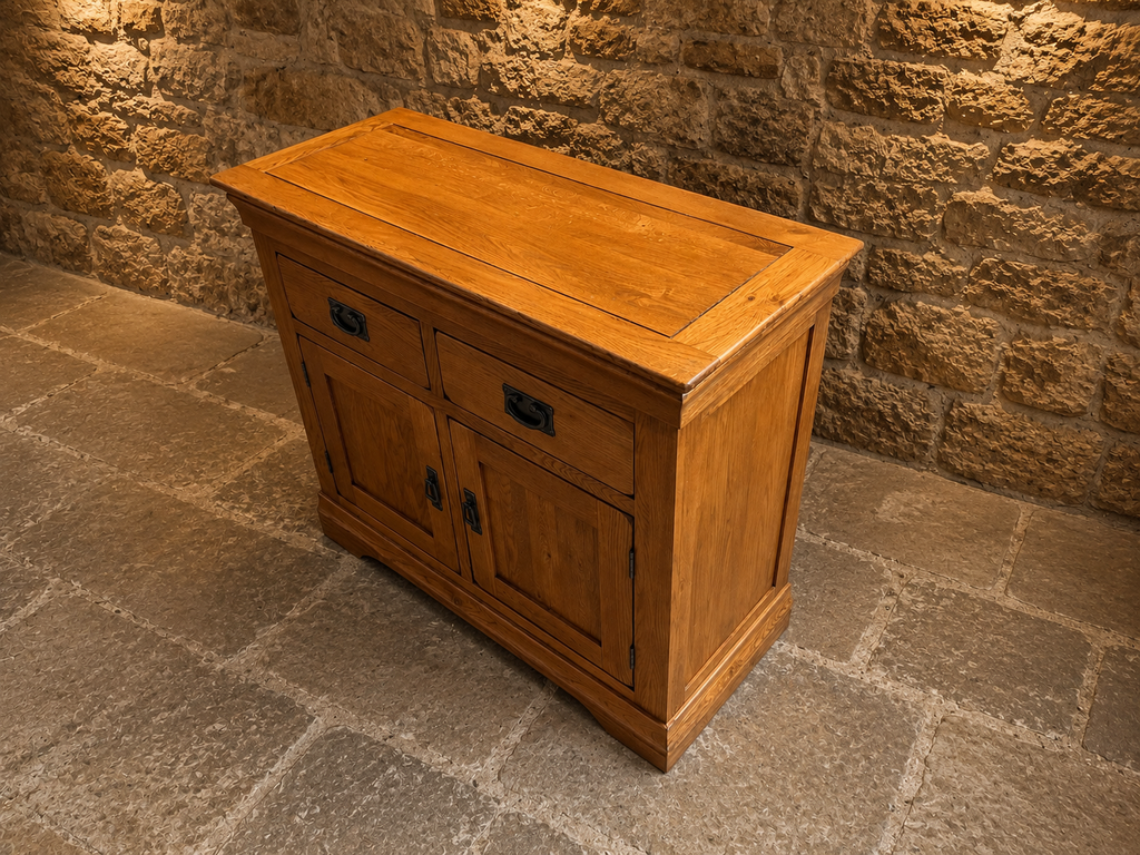 Solid Oak Arts & Crafts Style Sideboard – Two Drawer & Double Cupboard Storage