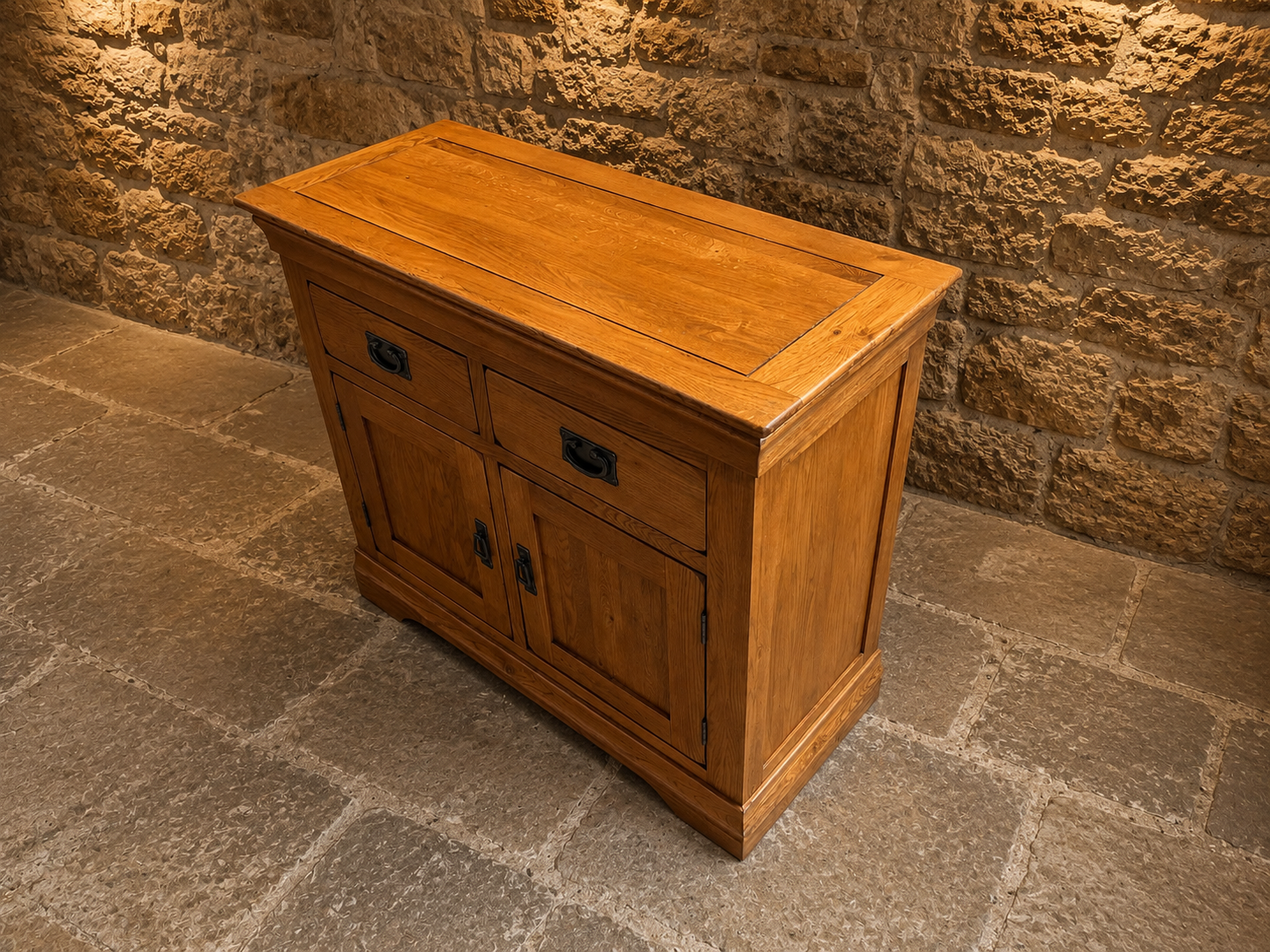 Solid Oak Arts & Crafts Style Sideboard – Two Drawer & Double Cupboard Storage