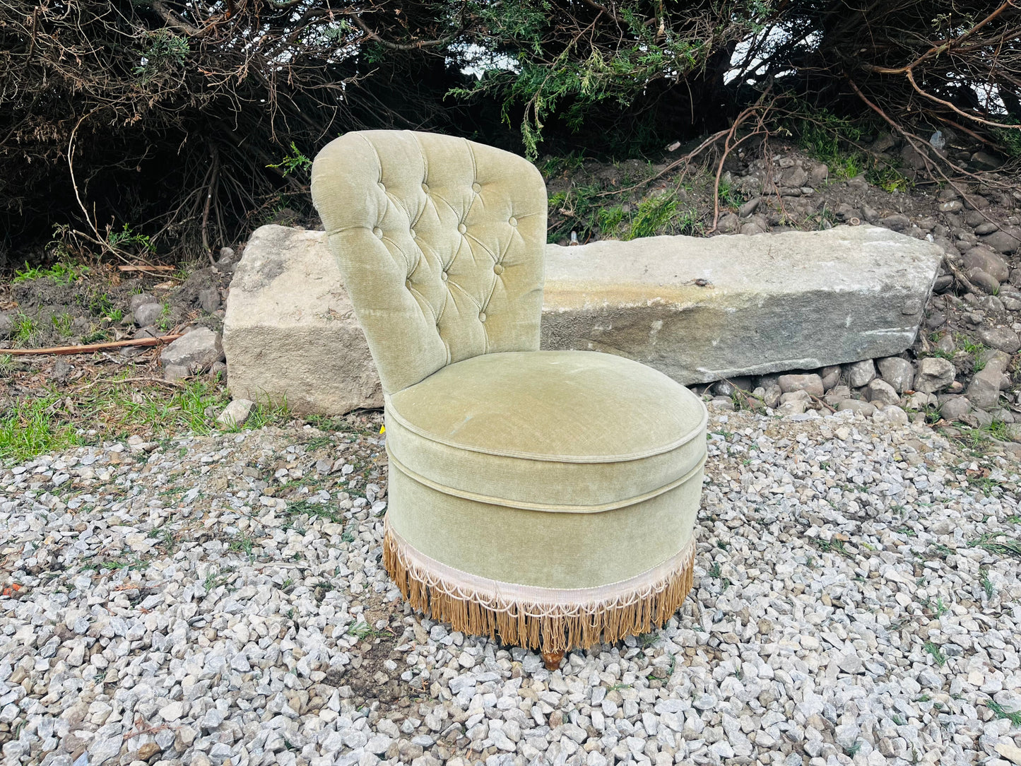 Vintage Sage Green Velvet Boudoir Chair with Button Back & Fringe Trim