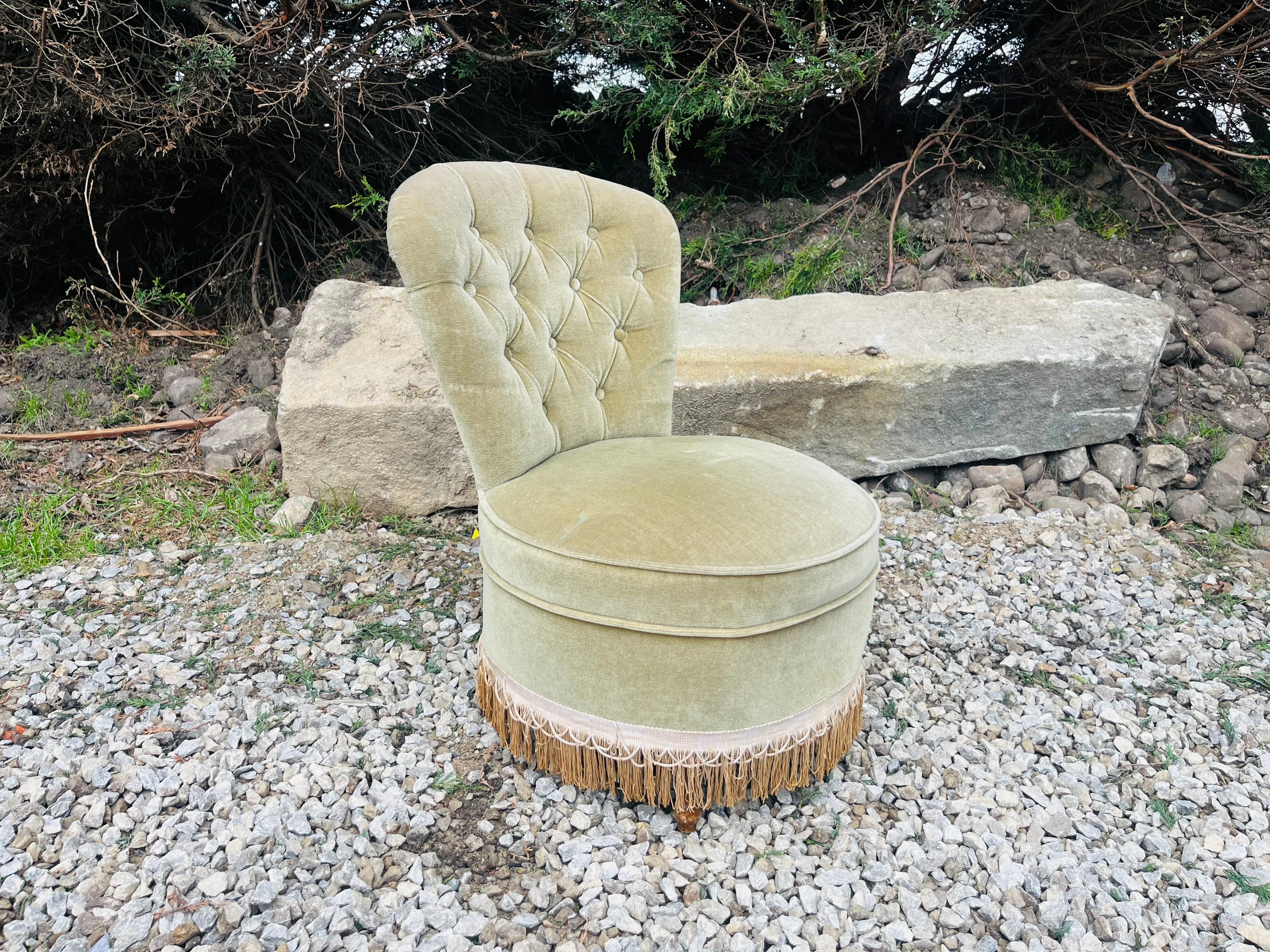 Vintage Sage Green Velvet Boudoir Chair with Button Back & Fringe Trim