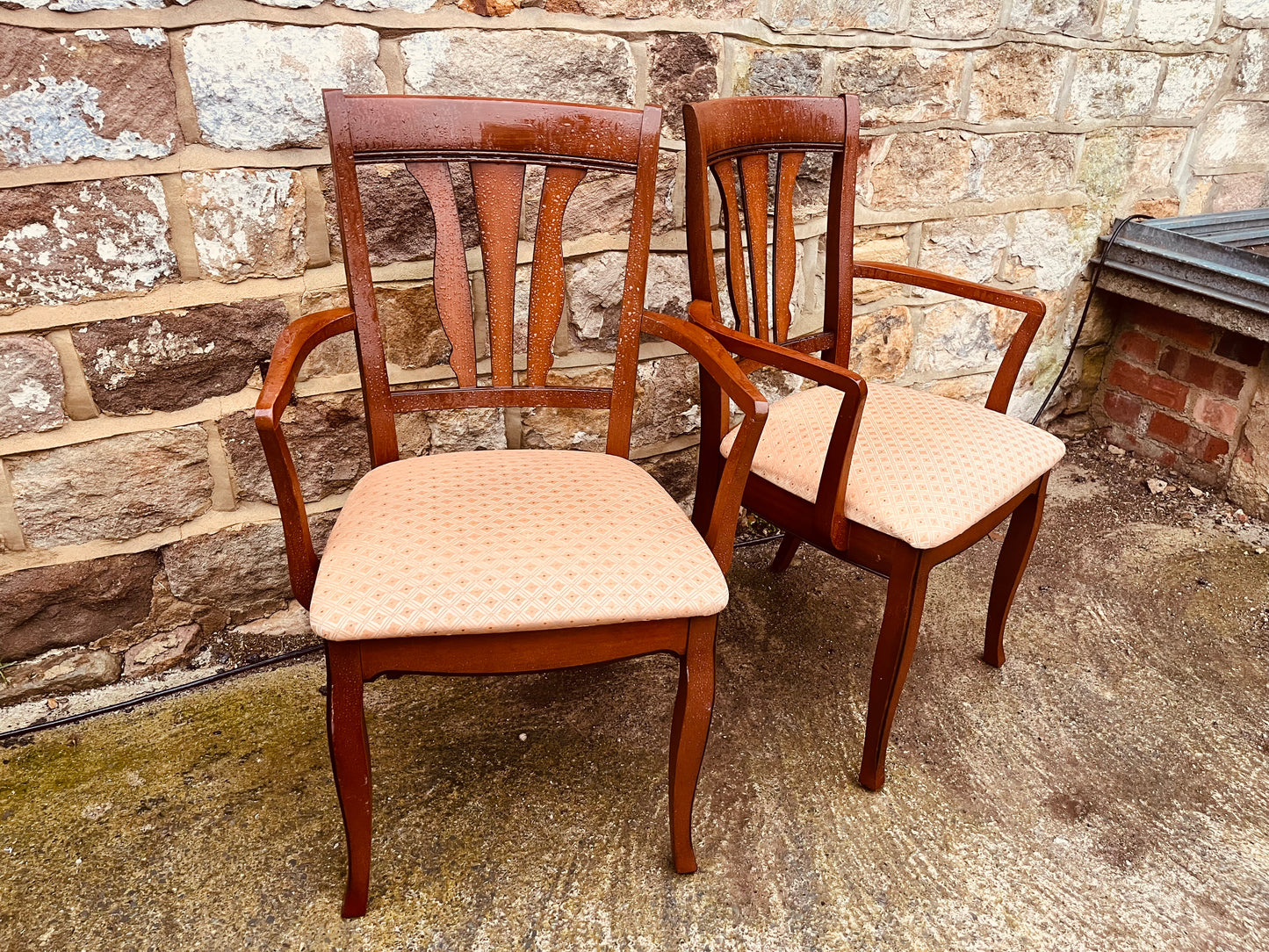 Pair of Vintage Dining Armchairs – Upholstered Farmhouse Chairs – Solid Wood