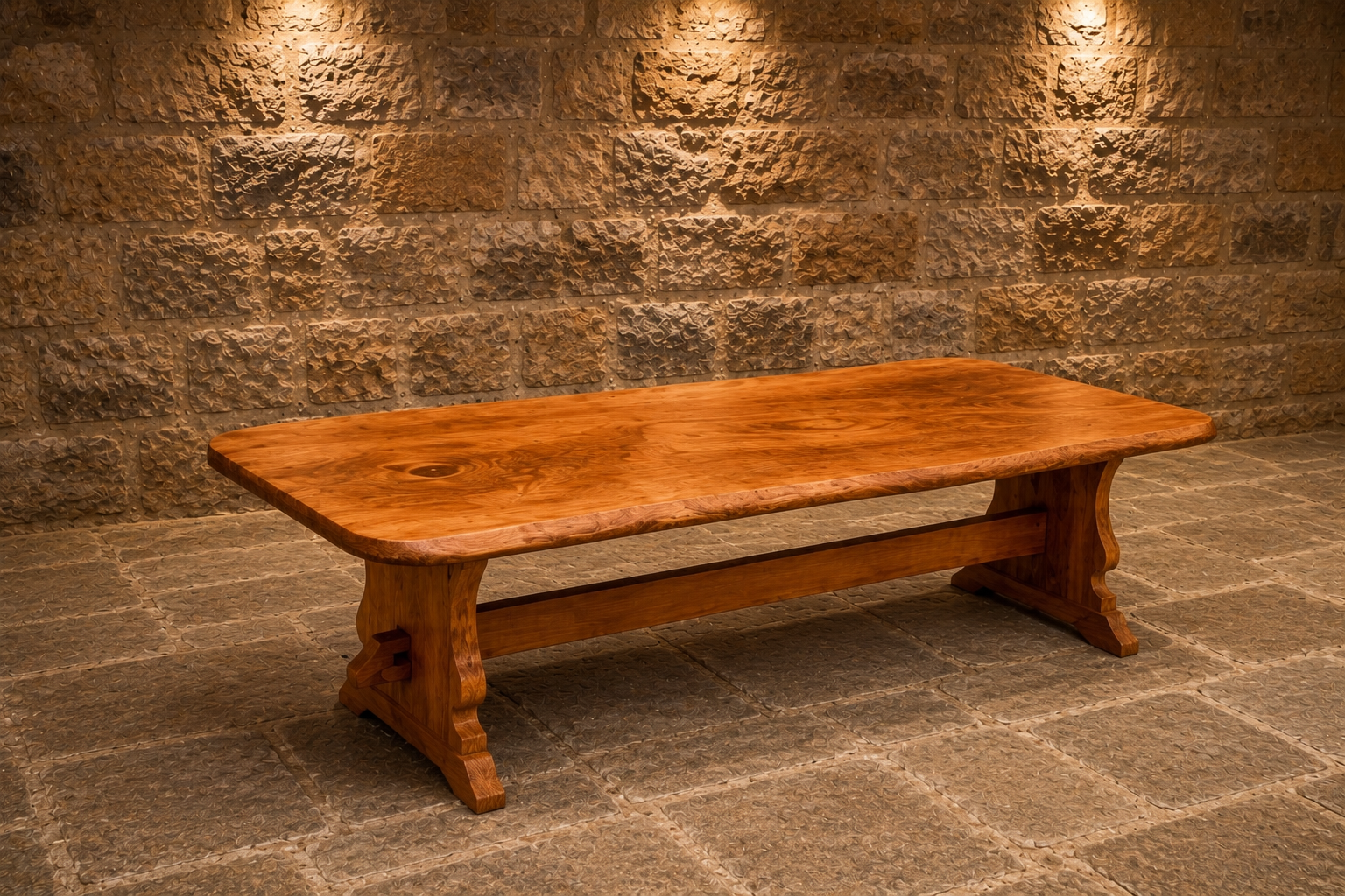 Vintage Solid Elm Refectory Coffee Table | English Farmhouse Trestle Coffee Table | Rustic Country Living Room Table
