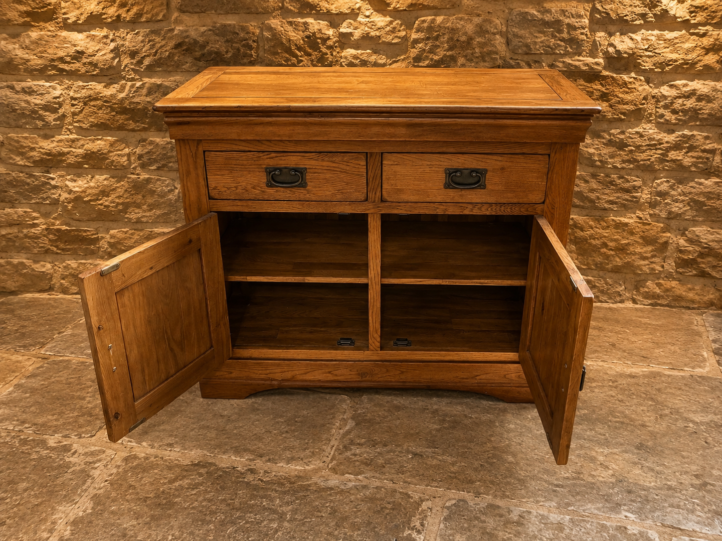 Solid Oak Arts & Crafts Style Sideboard – Two Drawer & Double Cupboard Storage