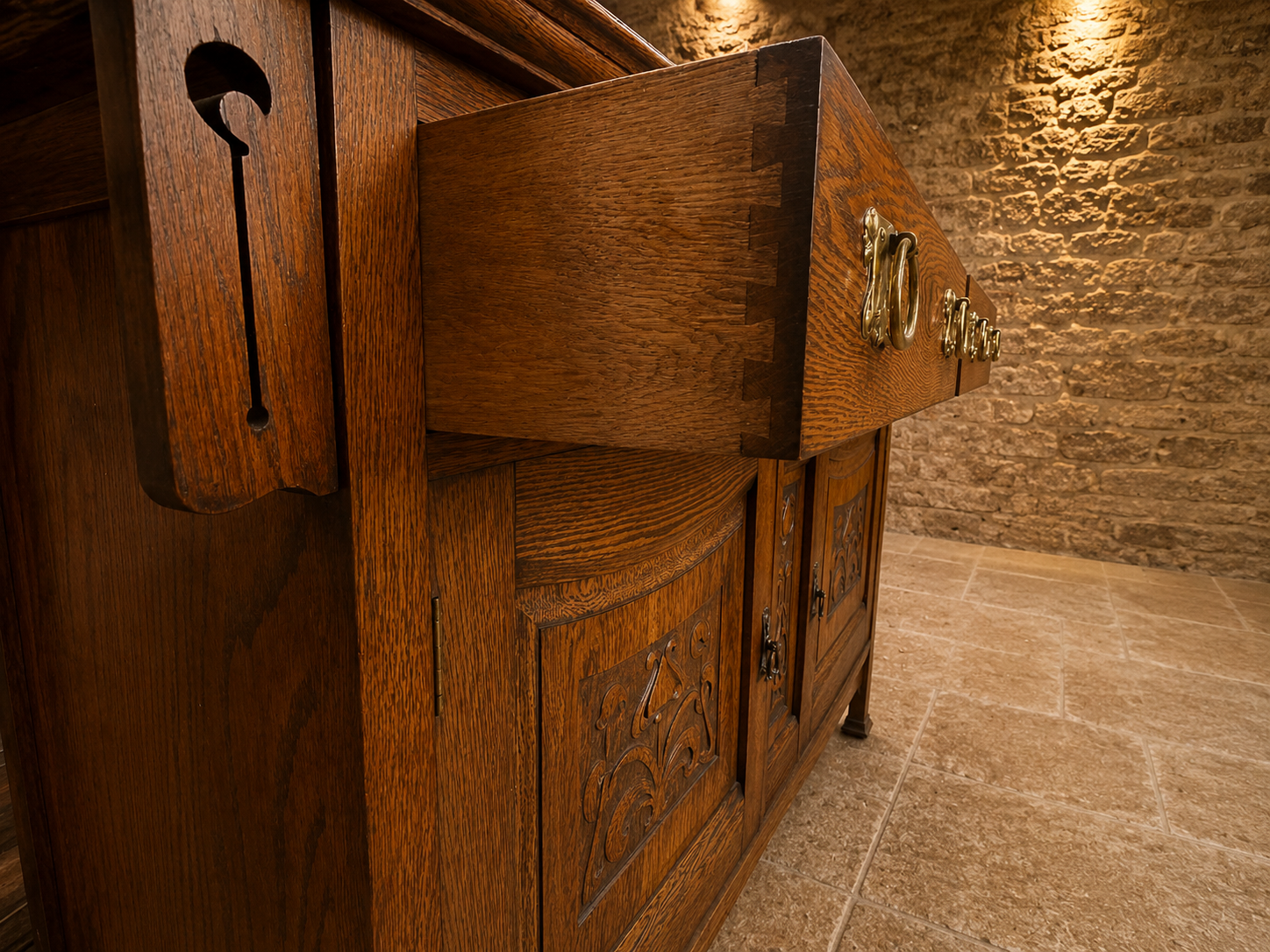 Antique Arts & Crafts Oak Sideboard | Edwardian Solid Oak Buffet Cabinet | Hand Carved English Storage Cabinet | 1905–1920