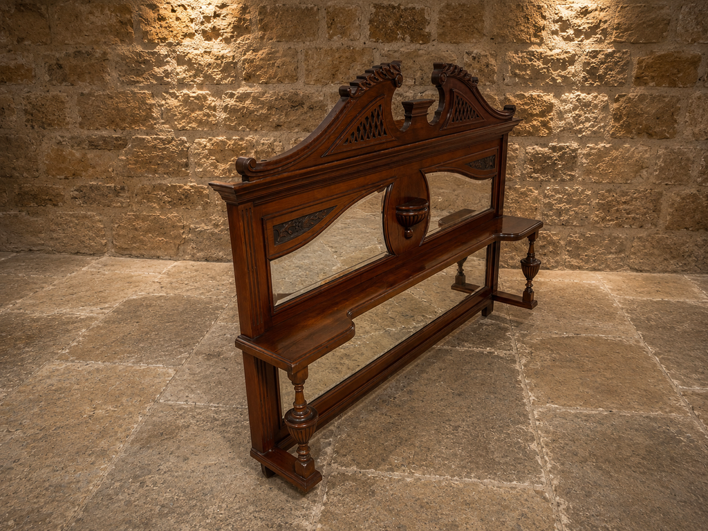 Antique Late Victorian Mahogany Overmantel Mirror – Arts & Crafts Fireplace Mirror with Bevelled Glass & Display Shelf