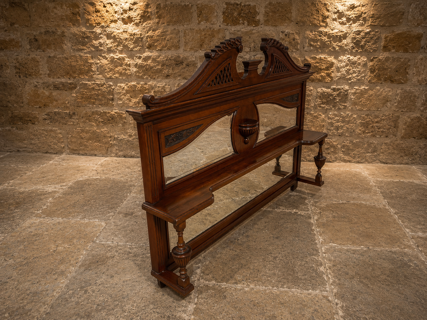 Antique Late Victorian Mahogany Overmantel Mirror – Arts & Crafts Fireplace Mirror with Bevelled Glass & Display Shelf