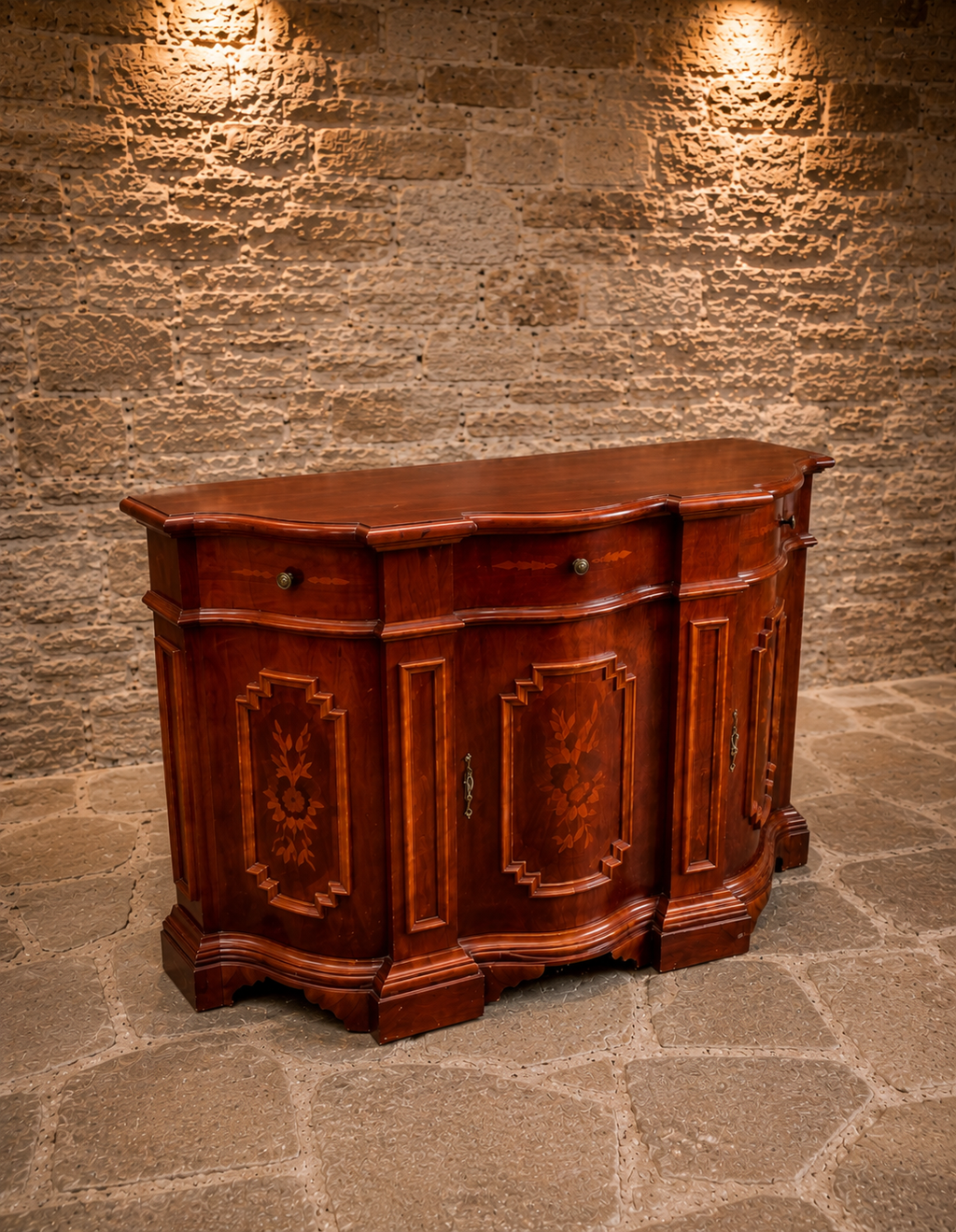 Antique Italian Walnut Marquetry Sideboard | Serpentine Credenza | Neoclassical Revival Buffet Cabinet | Circa 1920
