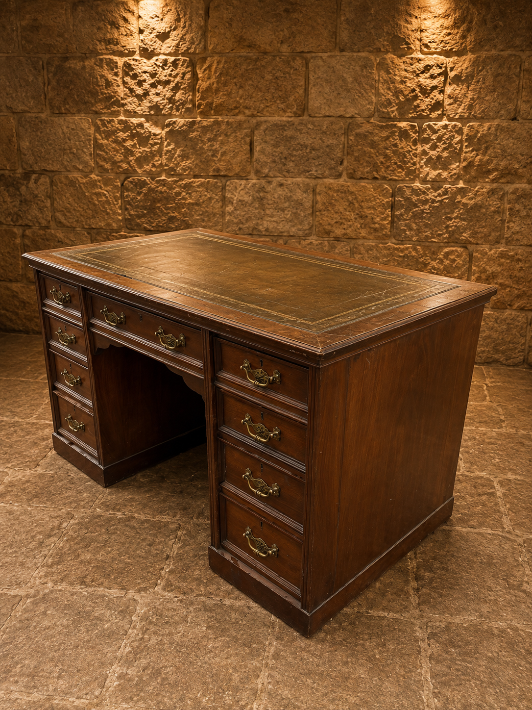 Antique Late Victorian Mahogany Pedestal Desk with Gilt Tooled Leather Writing Surface