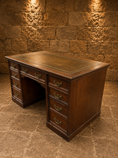 Antique Late Victorian Mahogany Pedestal Desk with Gilt Tooled Leather Writing Surface
