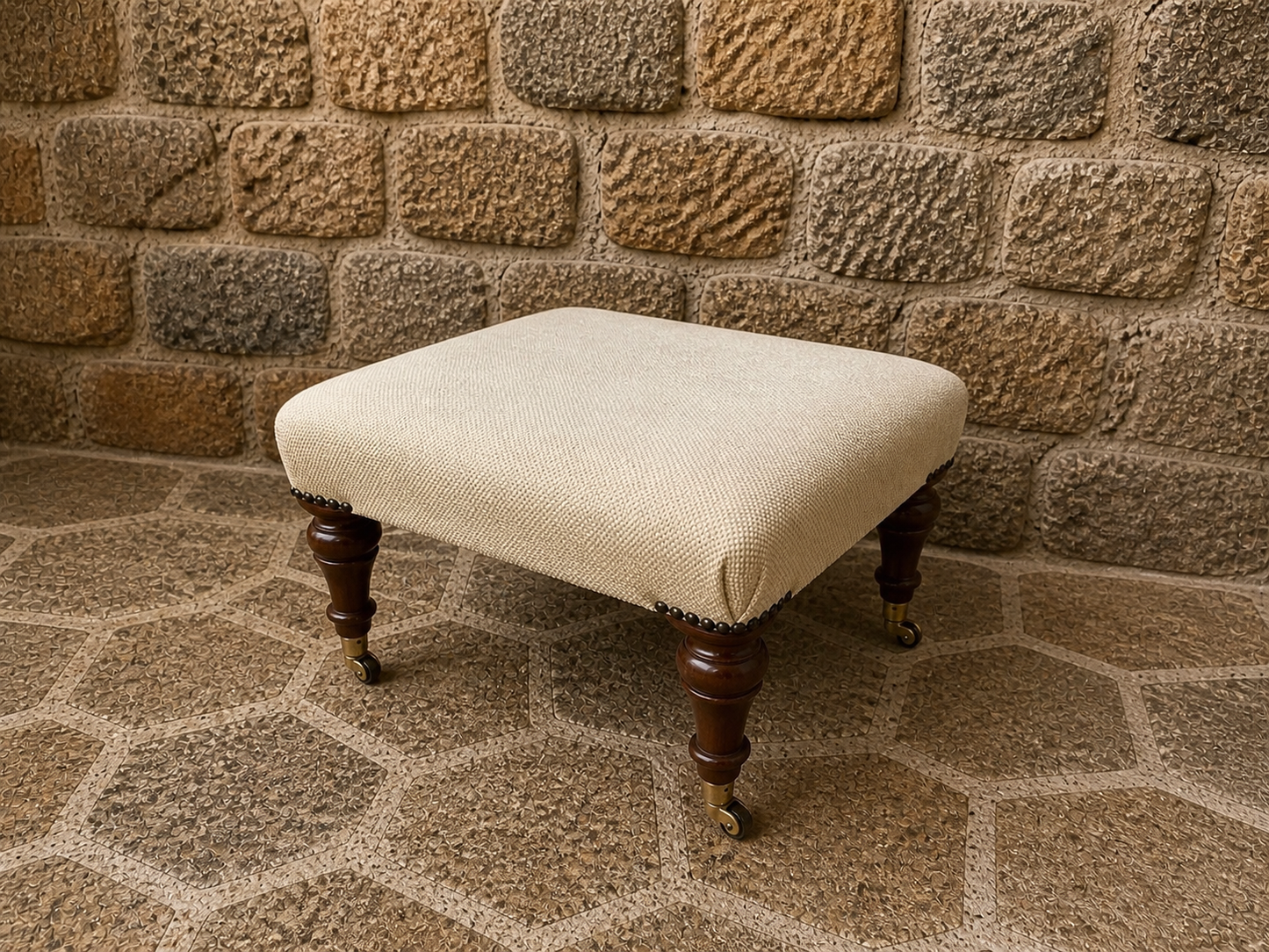 Victorian Upholstered Footstool with Castors – Antique Ottoman Stool, Turned Wood Legs, Neutral Fabric