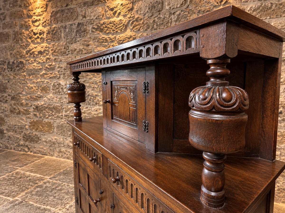 Antique Carved Oak Court Cupboard – Jacobean Revival Sideboard c.1890–1910