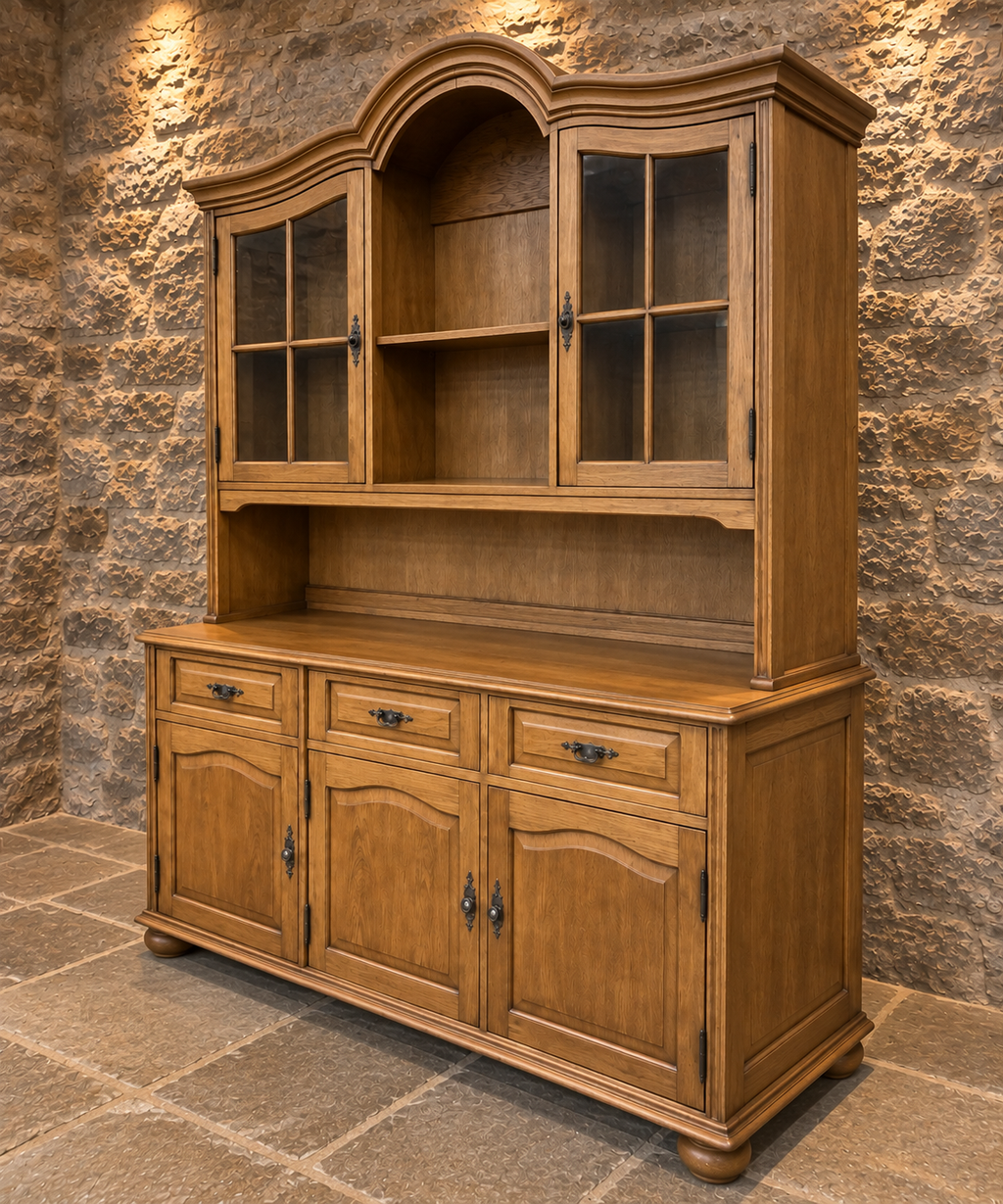 Vintage Solid Oak Country House Dresser – Large Glazed Display Cabinet