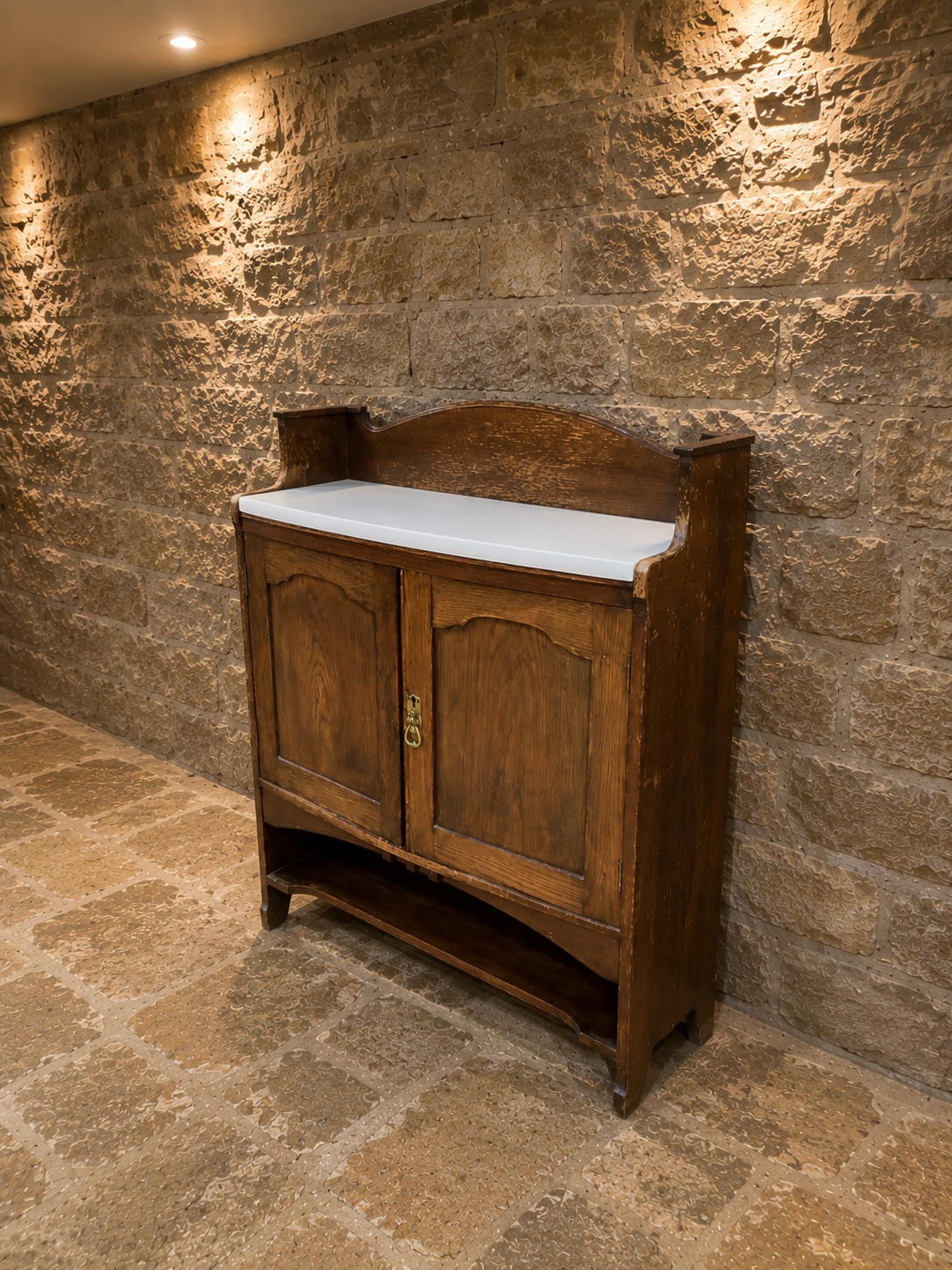 Antique Edwardian Arts & Crafts Oak Washstand | Original Ceramic Top | Hall Cabinet | Bathroom Vanity | Country Cottage Storage Cupboard | Circa 1900–1915
