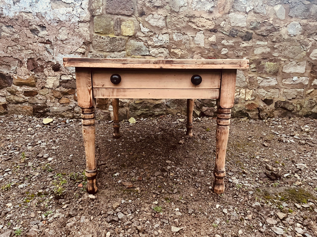 Antique Pine Farmhouse Table with Drawer – Rustic Stripped Wood Kitchen Dining Table – Victorian Turned Leg Table
