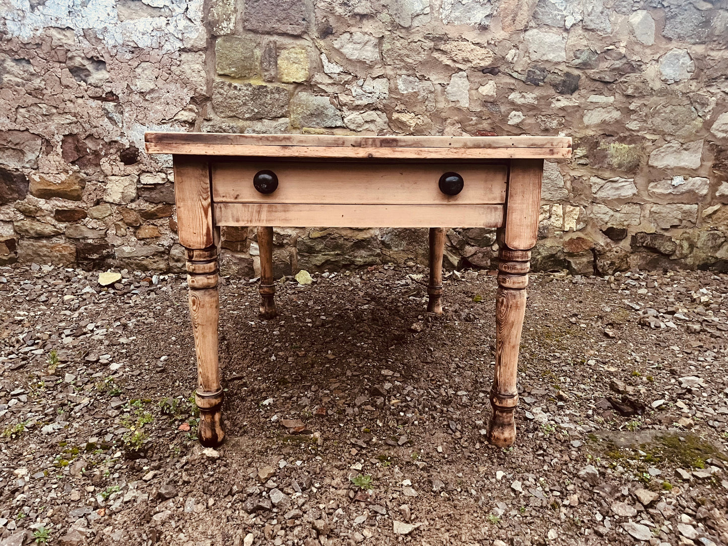 Antique Pine Farmhouse Table with Drawer – Rustic Stripped Wood Kitchen Dining Table – Victorian Turned Leg Table