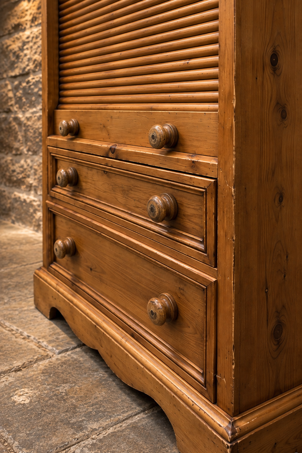 Antique Victorian Pine Tambour Linen Press c.1880 – Roll Front Storage Cabinet