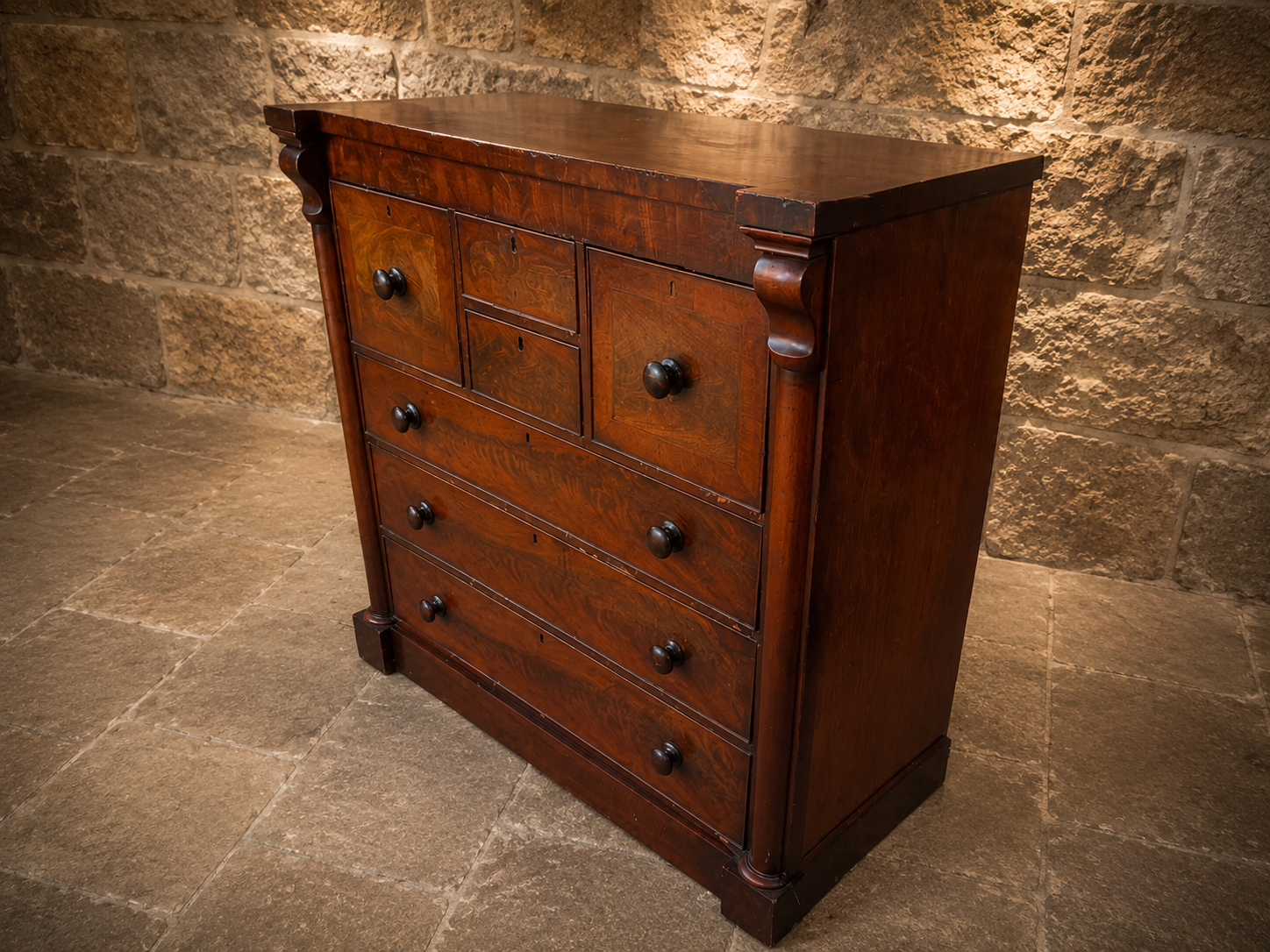 Victorian Flame Mahogany Wellington Chest | Antique English Mahogany Chest of Drawers | 19th Century Apothecary Style Chest | Country House Furniture