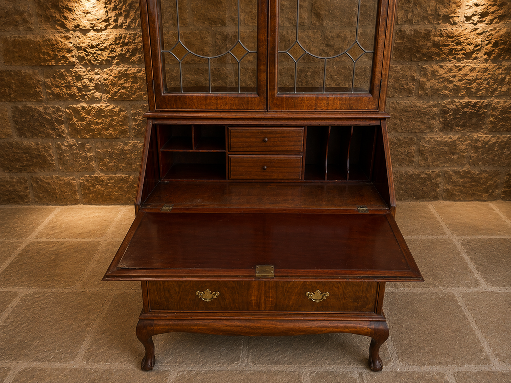 Early 20th Century Walnut Bureau Bookcase with Leaded Glass – Circa 1930