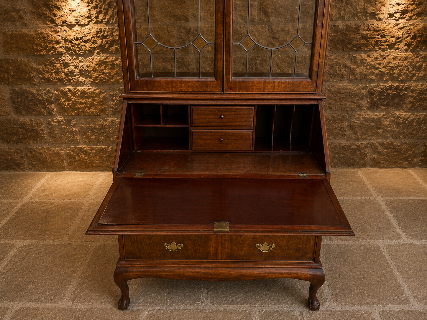 Early 20th Century Walnut Bureau Bookcase with Leaded Glass – Circa 1930