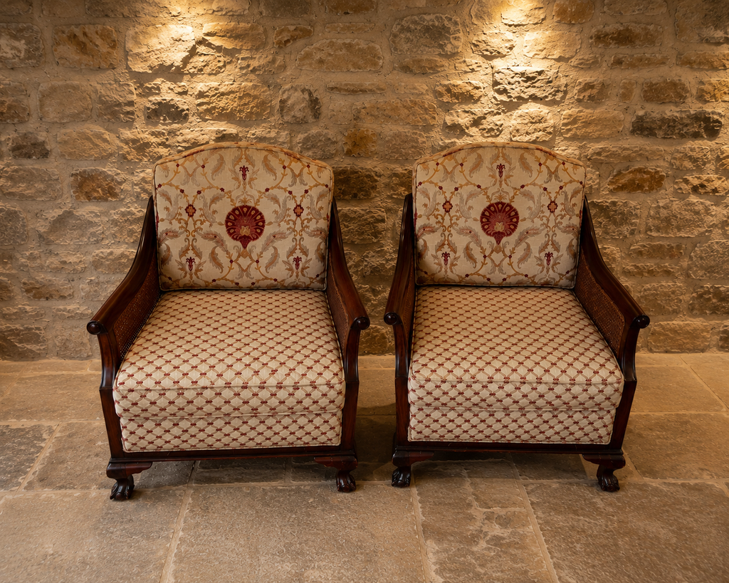 Pair of Edwardian Mahogany Bergère Armchairs | Antique Cane Lounge Chairs | English Upholstered Library Chairs | c.1905–1915