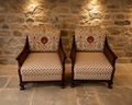Pair of Edwardian Mahogany Bergère Armchairs | Antique Cane Lounge Chairs | English Upholstered Library Chairs | c.1905–1915