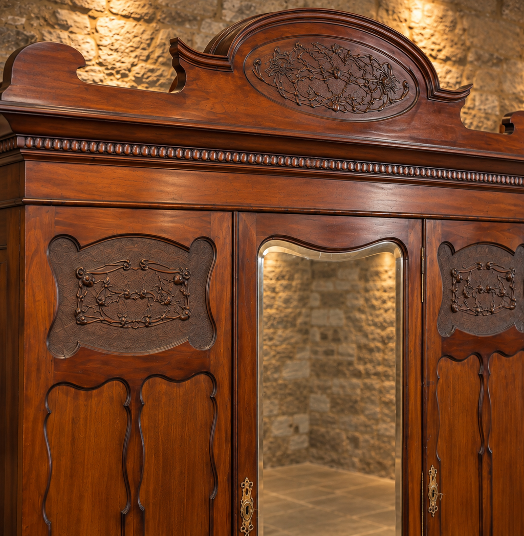 Antique Victorian Mahogany Triple Wardrobe with Mirror – Ornately Carved 3 Door Armoire